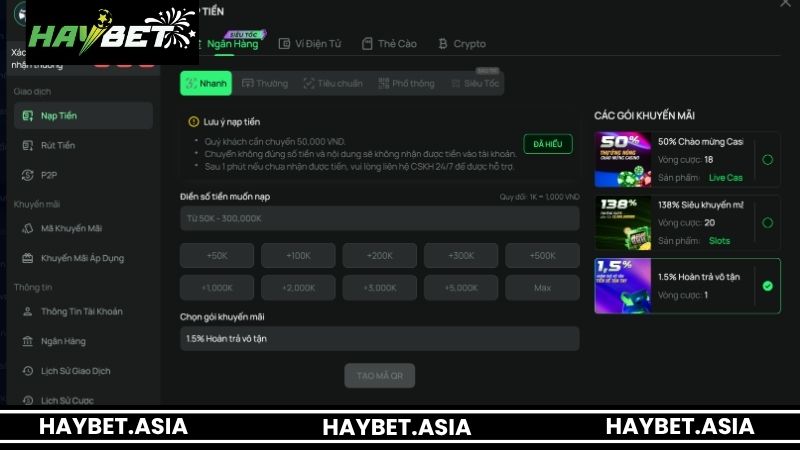 Hướng dẫn quy trình nạp tiền tại HAYBET